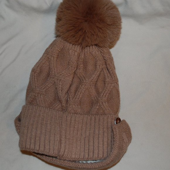 2 in 1 Winter Beanie and Face Mask Brown with PomPom - Picture 2 of 3